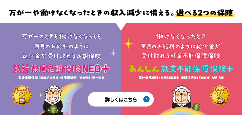 万が一働けなくなったときの収入減少に備える。選べる2つの保険 家計保障定期保険NEO＋ あんしん就業不能保障保険＋ 詳しくはこちら